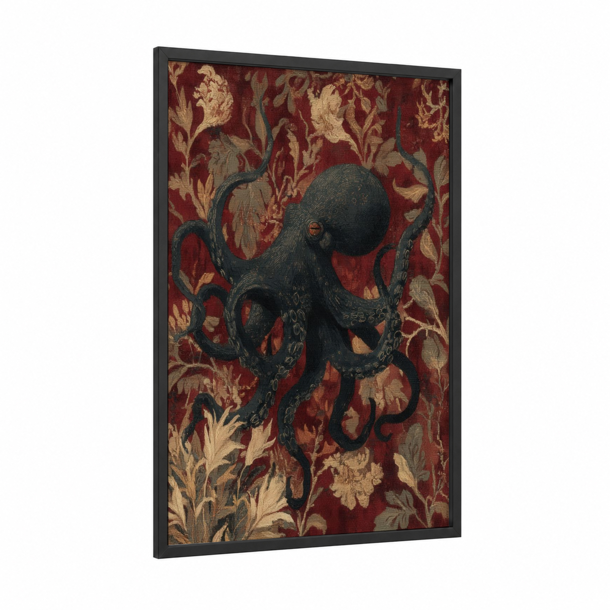 Ornate Octopus framed art print — black wood frame — maroon and gold palette