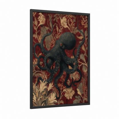 Ornate Octopus framed art print — black wood frame — maroon and gold palette