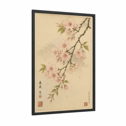 Cherry Blossom Branch Japanese Wall Art framed cherry blossoms print — black wood frame — peach and beige palette