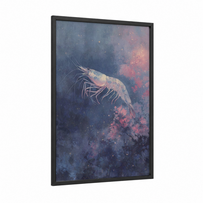 Ethereal Shrimp framed art print — black wood frame — blue and salmon pink palette