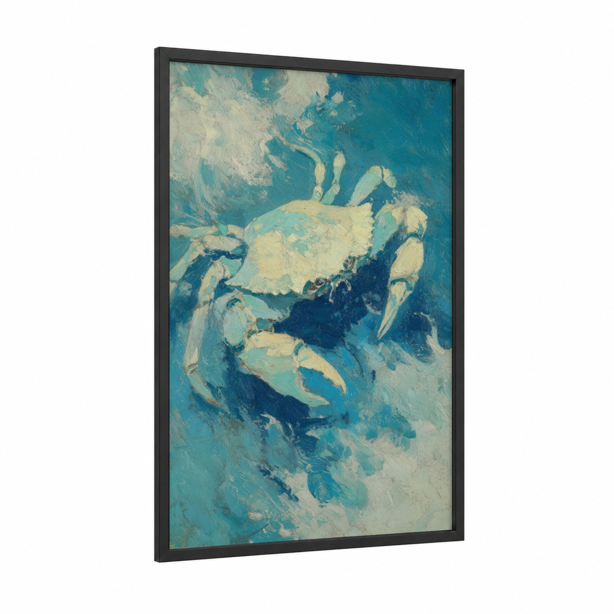 Coastal Crab Study framed art print — black wood frame — teal and cream palette