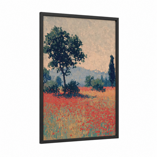 Tuscan Poppies framed art print — black wood frame — red and cream palette