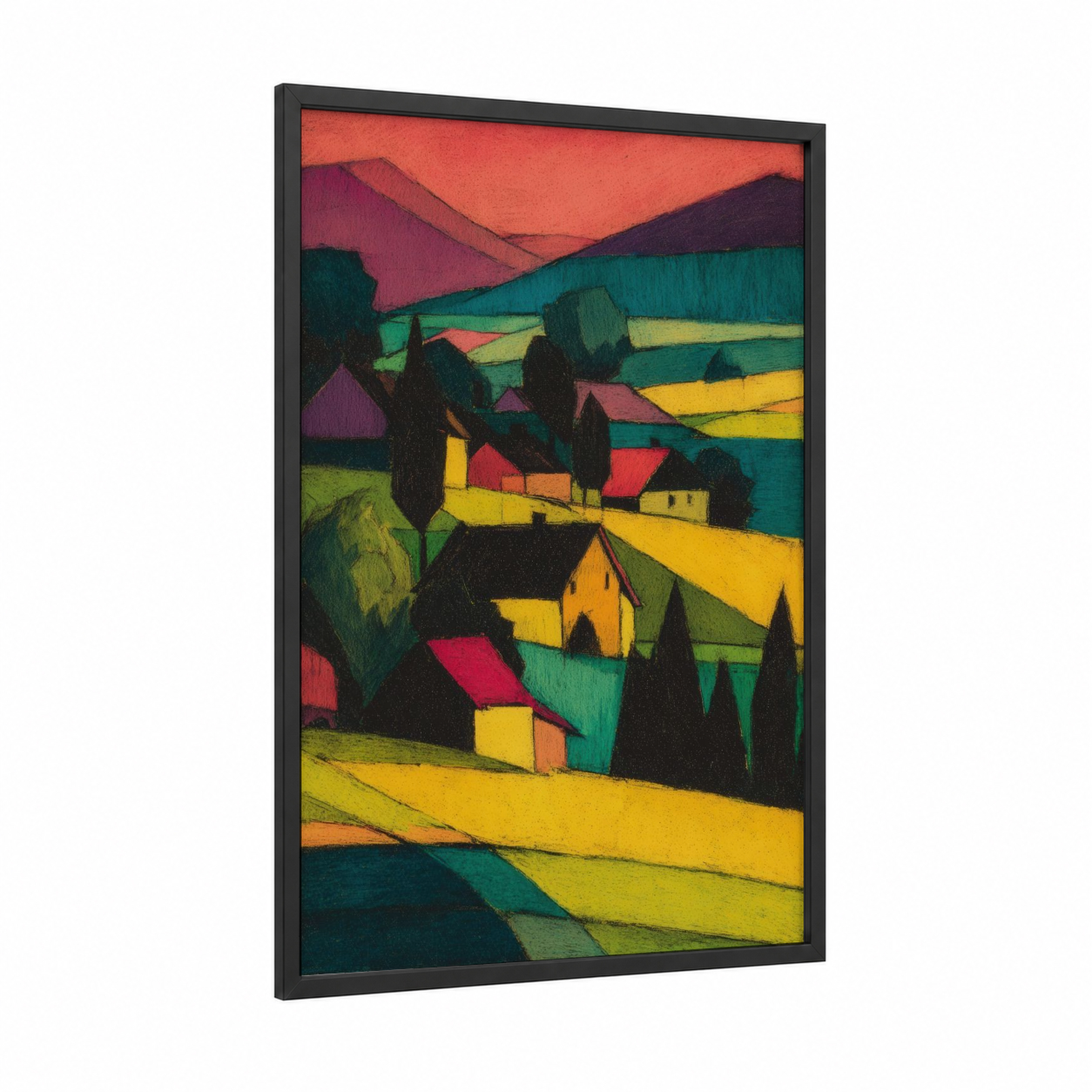 Crimson Vineyard Valley framed vineyards print — black wood frame — yellow and magenta palette