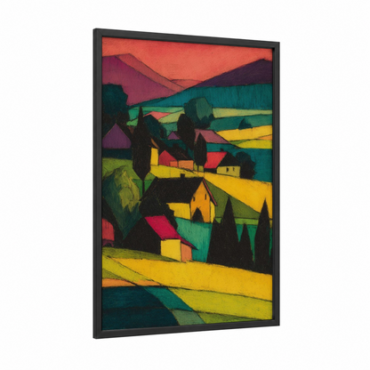 Crimson Vineyard Valley framed vineyards print — black wood frame — yellow and magenta palette