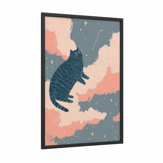 Dreaming Cat framed space print — black wood frame — peach and bermuda gray palette