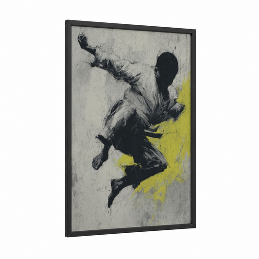 Dynamic Capoeira Kick framed art print — black wood frame — black and white and yellow palette