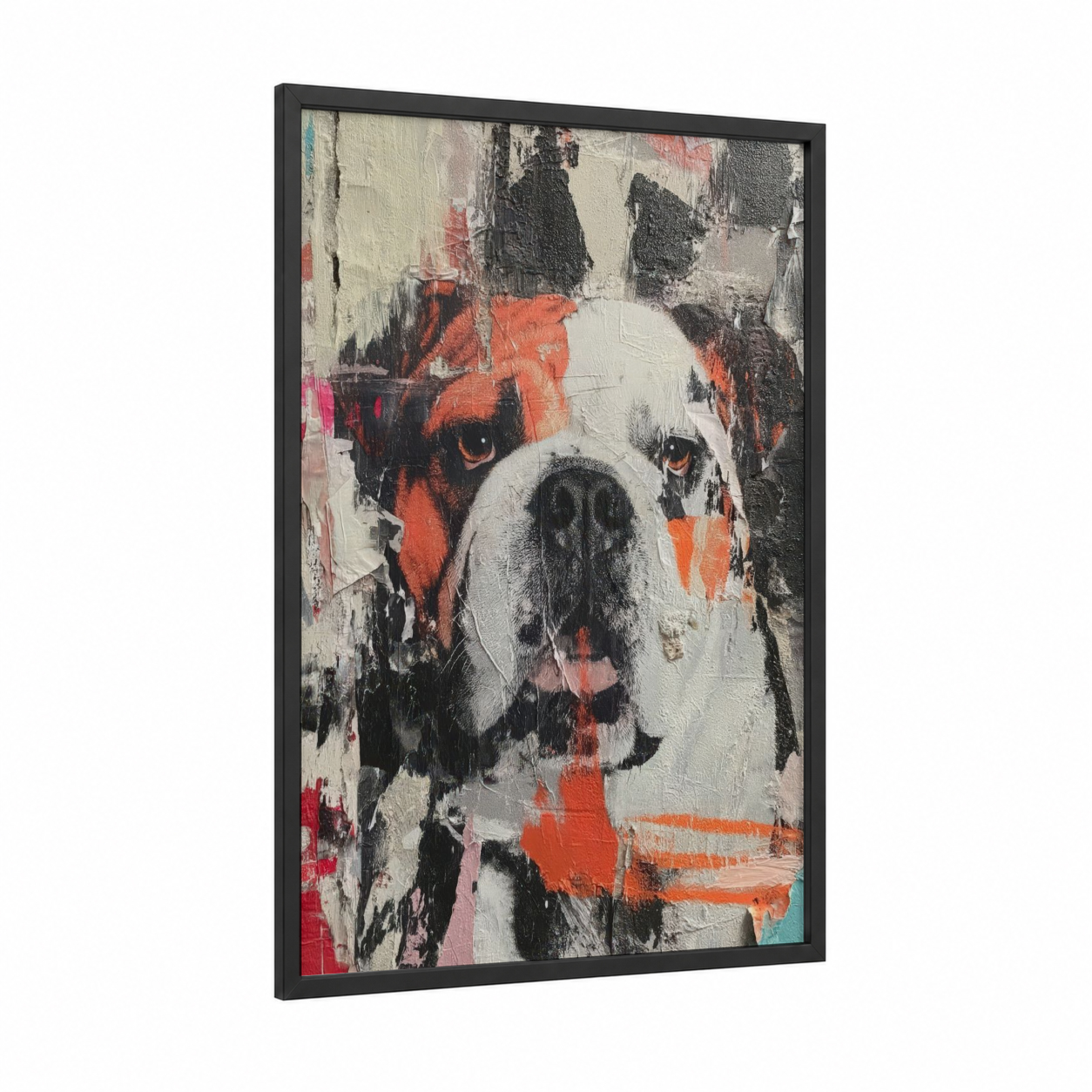 Vibrant Bulldog Portrait framed art print — black wood frame — white and orange palette