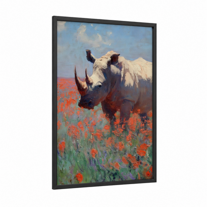 Poppy Field Rhino framed art print — black wood frame — blue and red palette