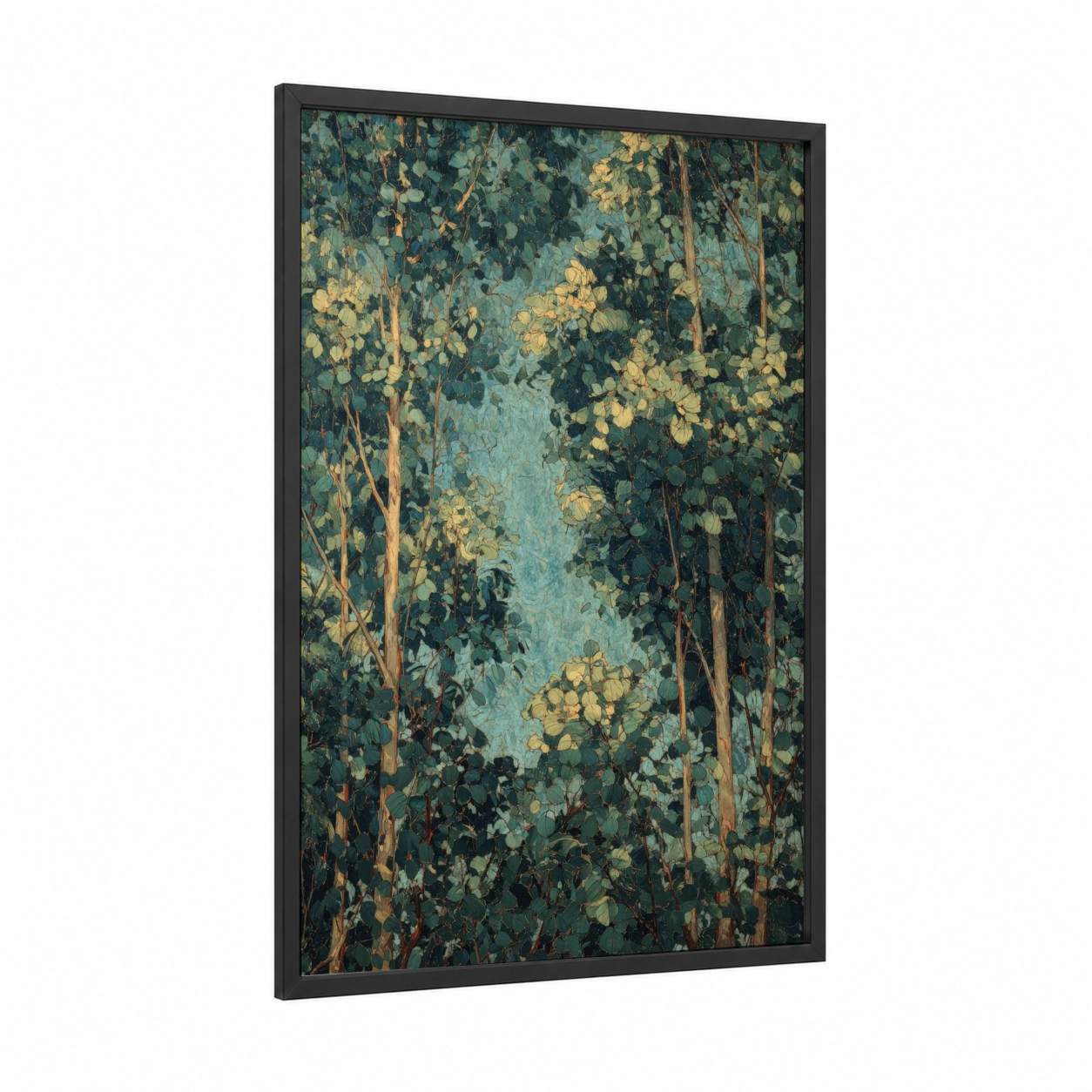 Golden Eucalyptus framed eucalyptus forest print — black wood frame — teal and yellow gold palette