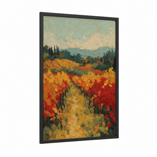 Tuscan Vineyard framed vineyards print — black wood frame — red and gold palette