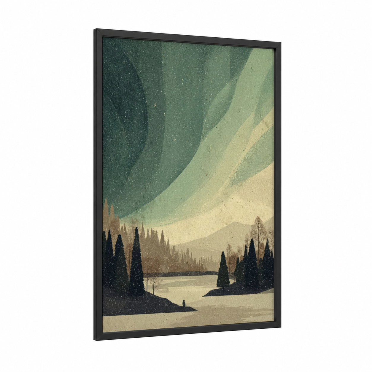 Aurora Winter Landscape framed northern lights print — black wood frame — sage green and cream palette