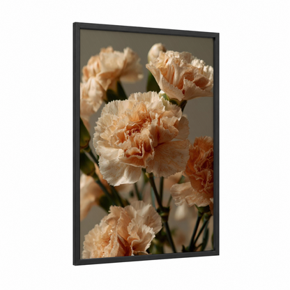 Peach Carnations framed art print — black wood frame — peach and cream palette