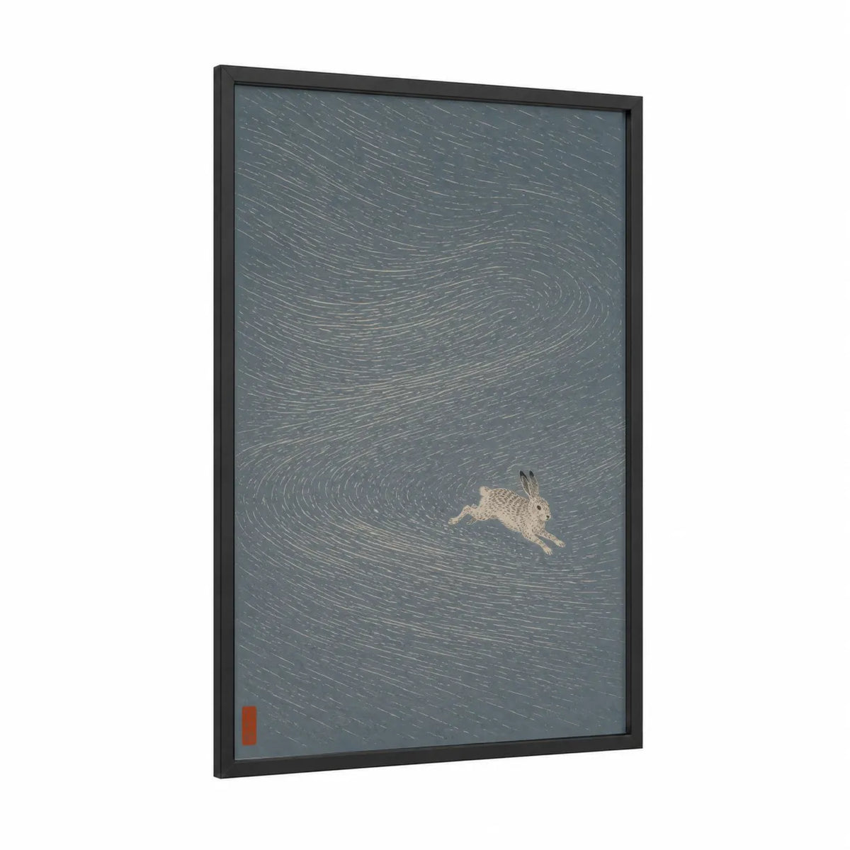 Japanese Rabbit in Motion Wall Art framed art print — black wood frame — gray and blue palette