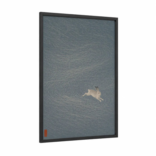 Japanese Rabbit in Motion Wall Art framed art print — black wood frame — gray and blue palette