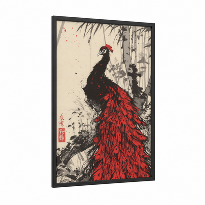 Crimson Peacock framed art print — black wood frame — red and black and white palette