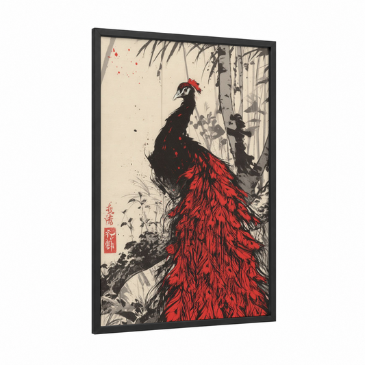 Crimson Peacock framed art print — black wood frame — red and black and white palette