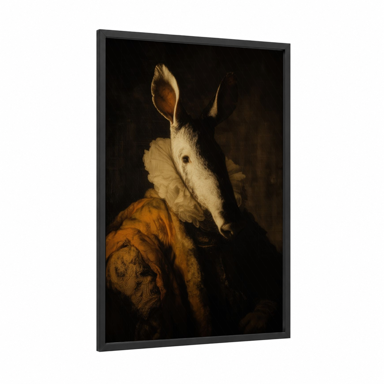 Aristocratic Aardvark framed art print — black wood frame — gold and black and white palette