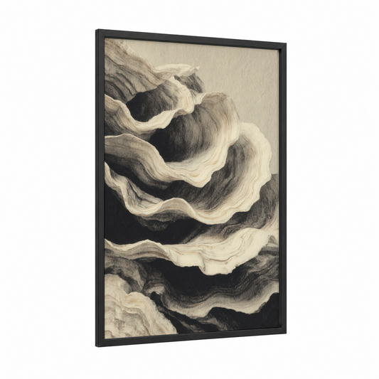 Monochrome Oyster framed art print — black wood frame — black and white and cream palette