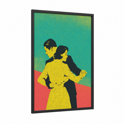 Disco Couple framed art print — black wood frame — yellow gold and turquoise palette
