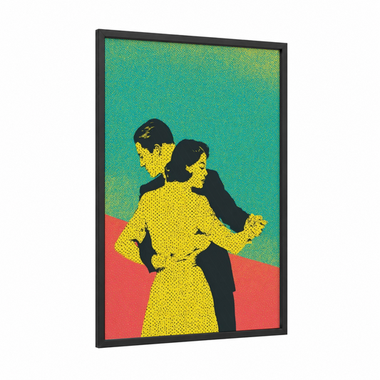 Disco Couple framed art print — black wood frame — yellow gold and turquoise palette