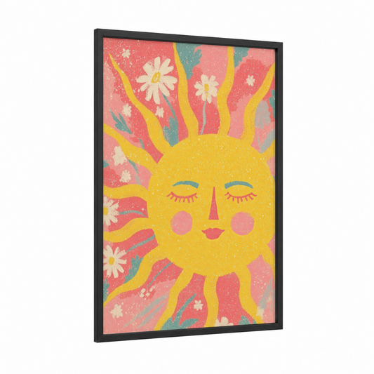 Peaceful Sun framed the sun print — black wood frame — yellow and pink palette