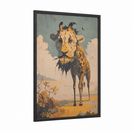 Desert Chimera framed art print — black wood frame — gold and blue palette