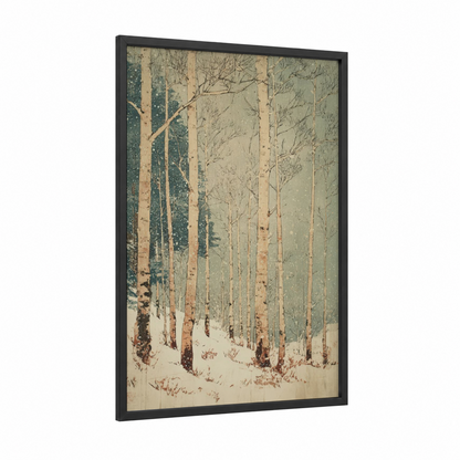 Snowy Aspen Forest framed art print — black wood frame — cream and sage green palette