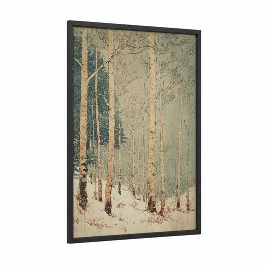 Snowy Aspen Forest framed art print — black wood frame — cream and sage green palette