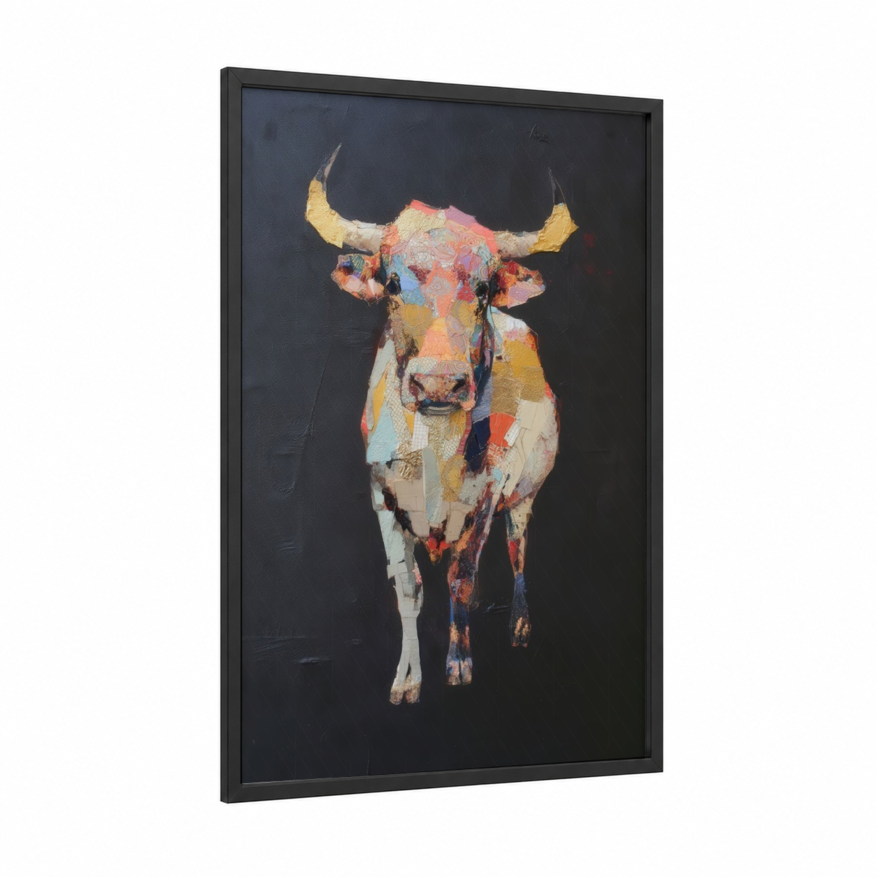 Colorful Bull framed art print — black wood frame — gold and cream palette