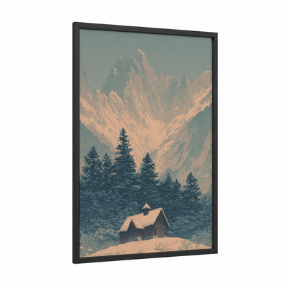 Alpine Chapel framed churches and chapels print — black wood frame — dove gray and peach palette