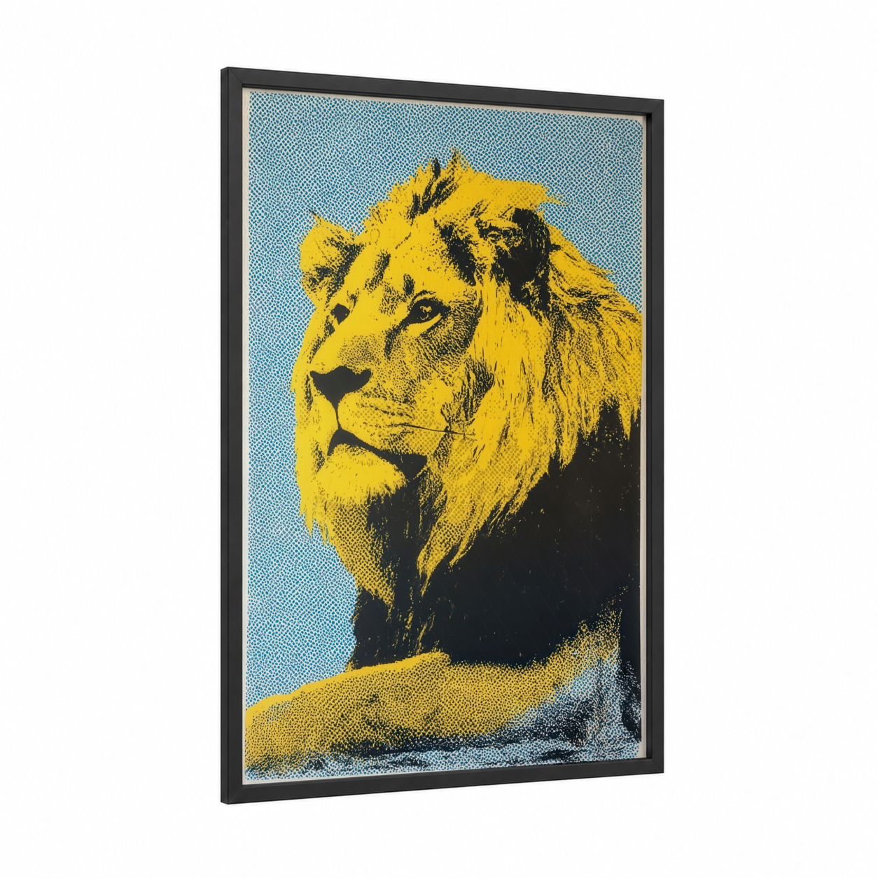 Golden Lion Portrait framed art print — black wood frame — yellow gold and blue palette