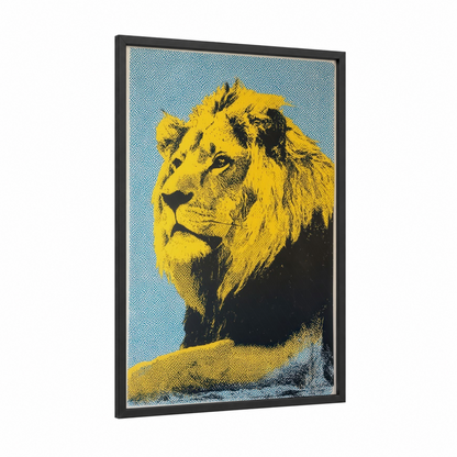 Golden Lion Portrait framed art print — black wood frame — yellow gold and blue palette