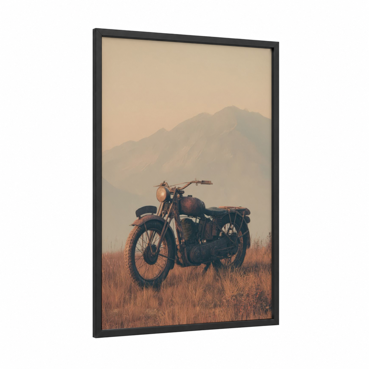 Rustic Motorcycle Dawn framed vintage motorcycle print — black wood frame — russet and cream palette