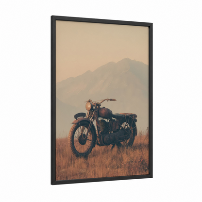 Rustic Motorcycle Dawn framed vintage motorcycle print — black wood frame — russet and cream palette
