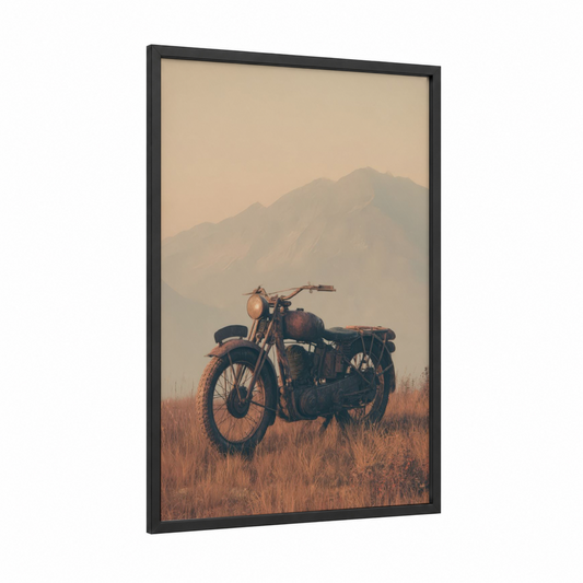 Rustic Motorcycle Dawn framed vintage motorcycle print — black wood frame — russet and cream palette