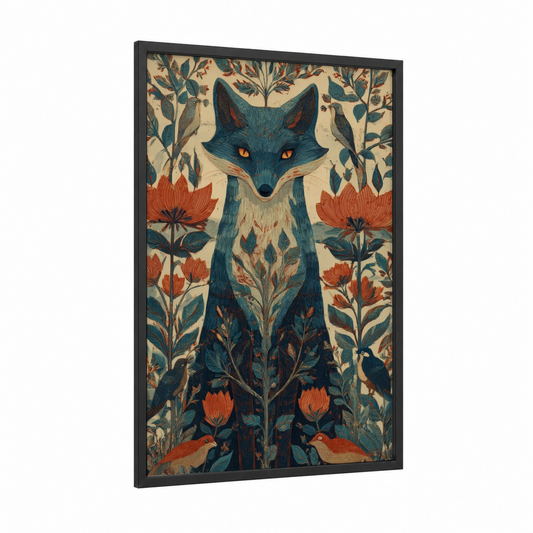 Mystical Fox Garden framed art print — black wood frame — dark blue and red palette
