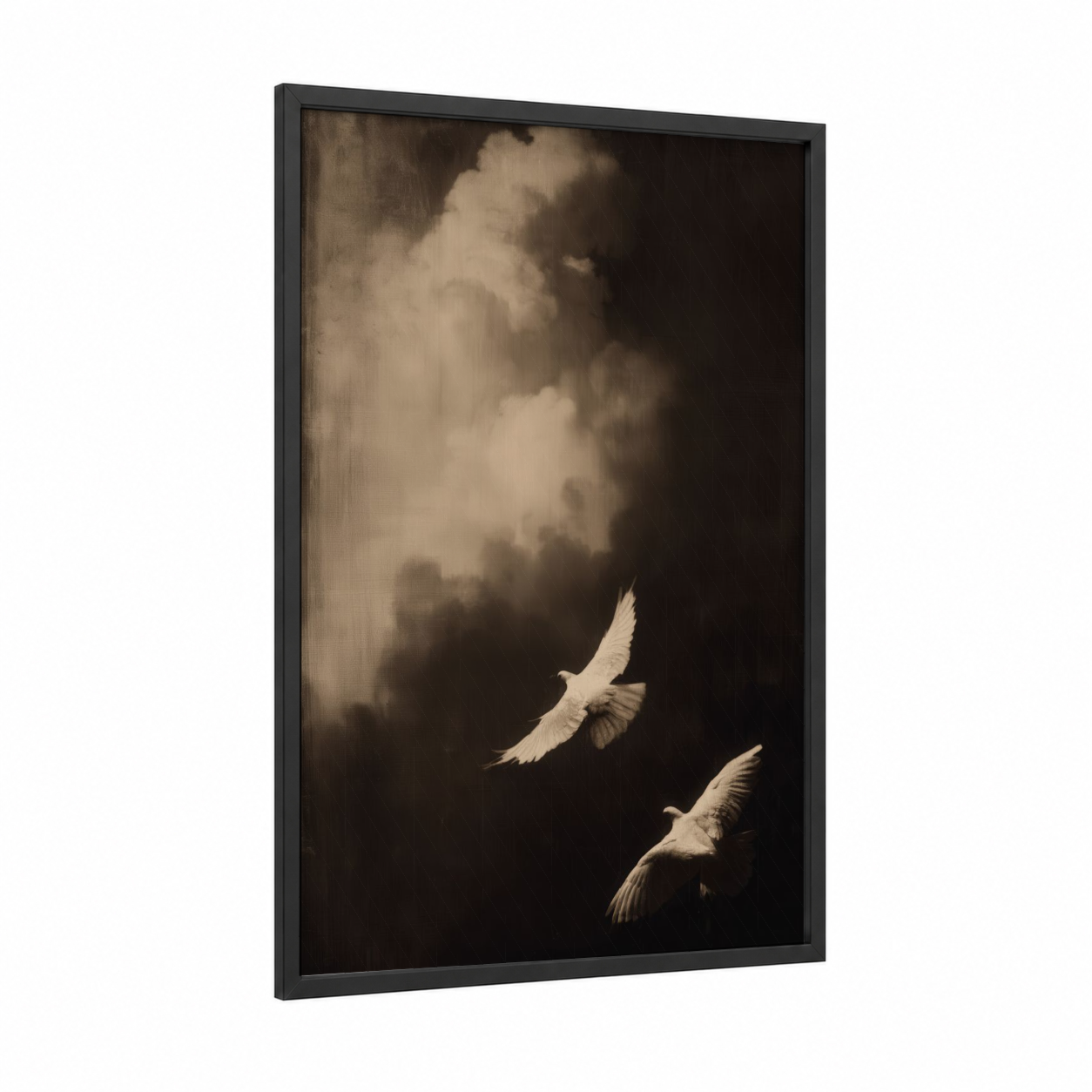 Heavenly Doves framed art print — black wood frame — cream and black and white palette