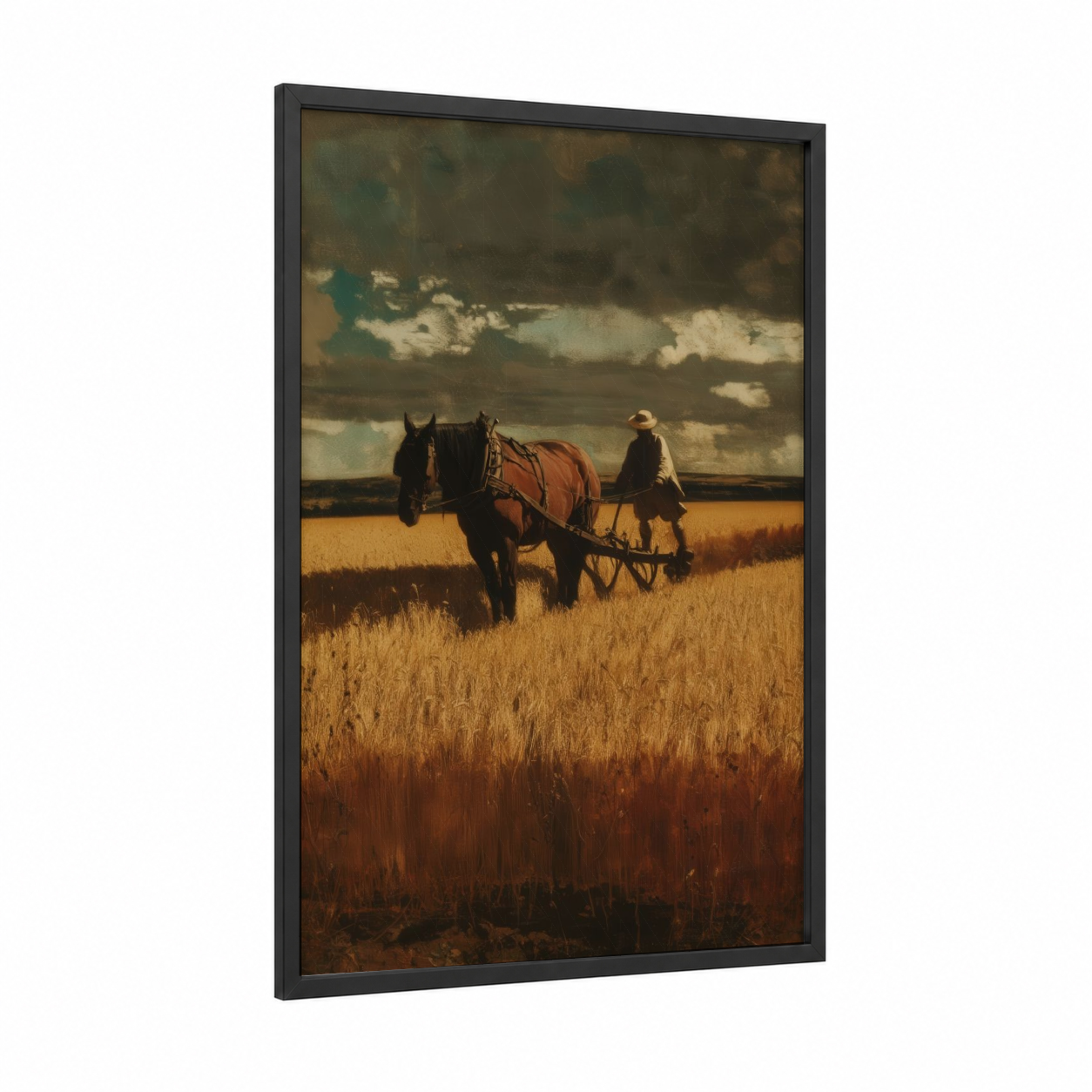 Harvest Clydesdale framed clydesdale horse print — black wood frame — gold and brown palette