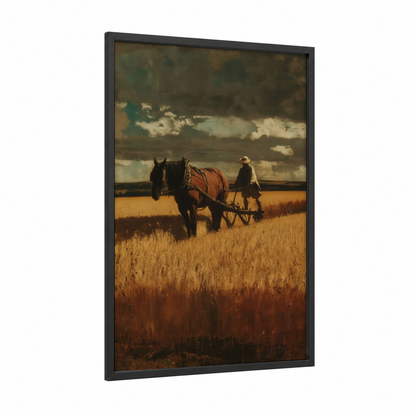 Harvest Clydesdale framed clydesdale horse print — black wood frame — gold and brown palette