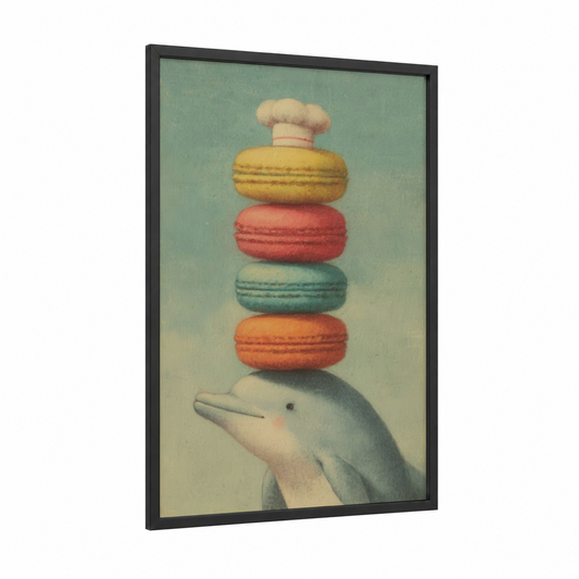 Playful Dolphin Macarons framed dolphins print — black wood frame — peach and sage green palette