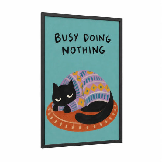 Sleepy Black Cat Wall Art framed art print — black wood frame — teal and orange palette