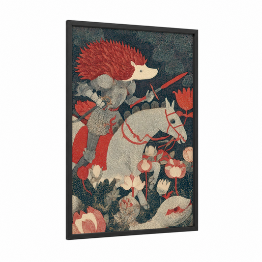 Warrior Hedgehog framed art print — black wood frame — red and teal palette