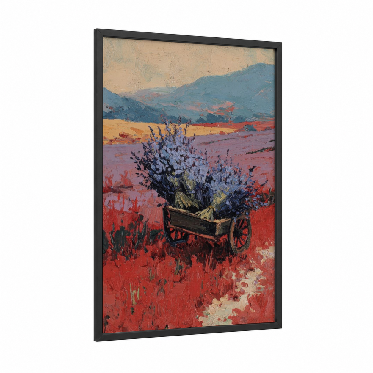 Lavender Harvest Wagon framed art print — black wood frame — red and blue palette