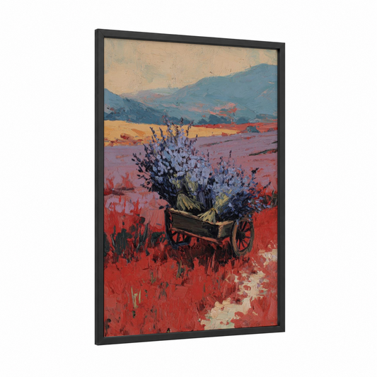 Lavender Harvest Wagon framed art print — black wood frame — red and blue palette
