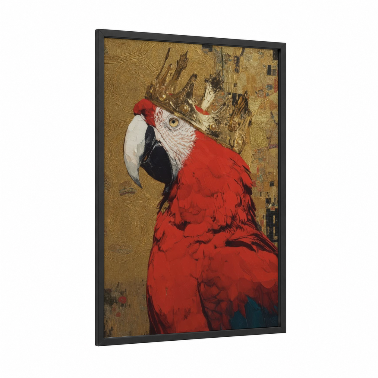 Scarlet Macaw Portrait framed art print — black wood frame — red and gold palette