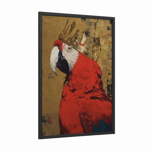 Scarlet Macaw Portrait framed art print — black wood frame — red and gold palette