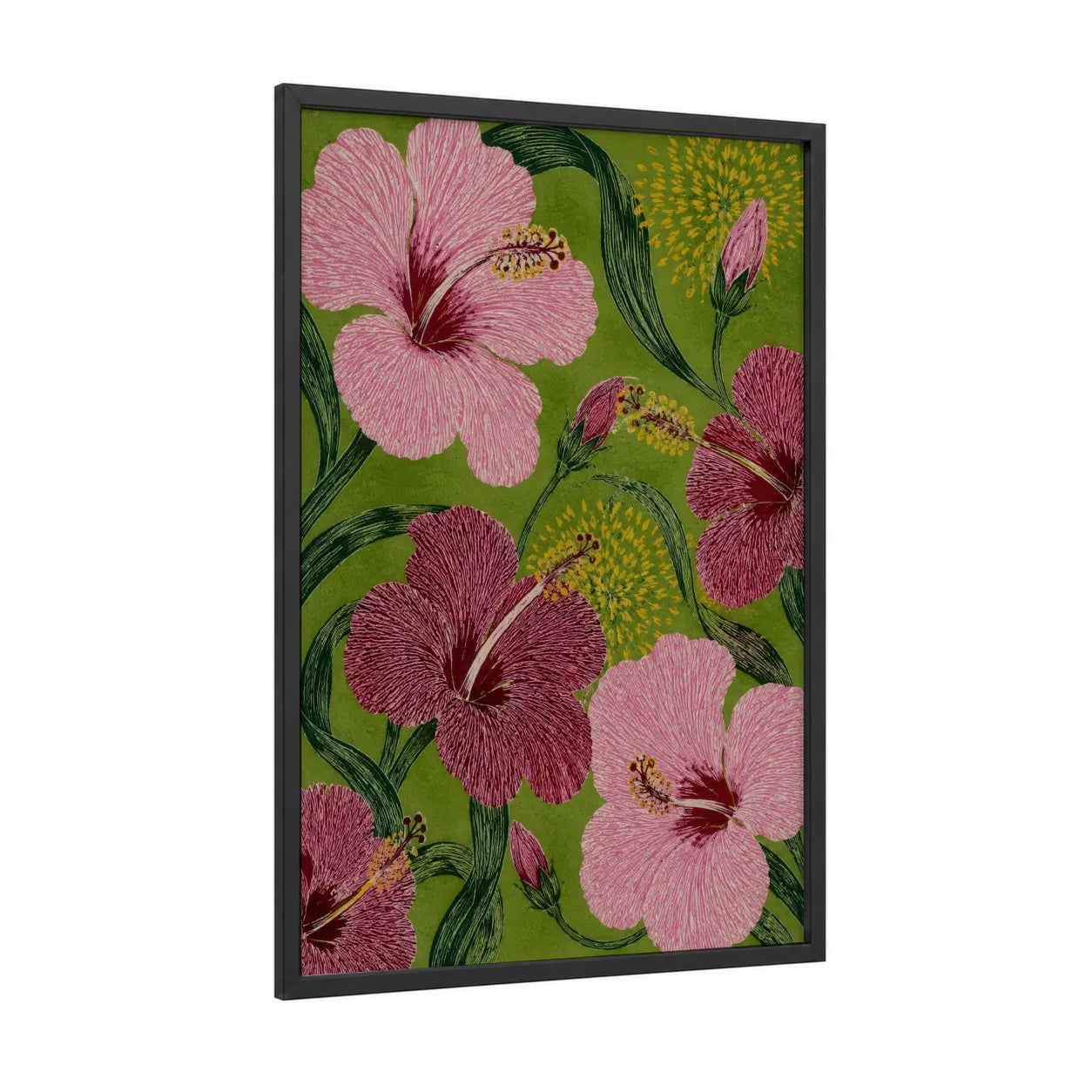 Pink Hibiscus Botanical Wall Art framed art print — black wood frame — salmon pink and olive palette
