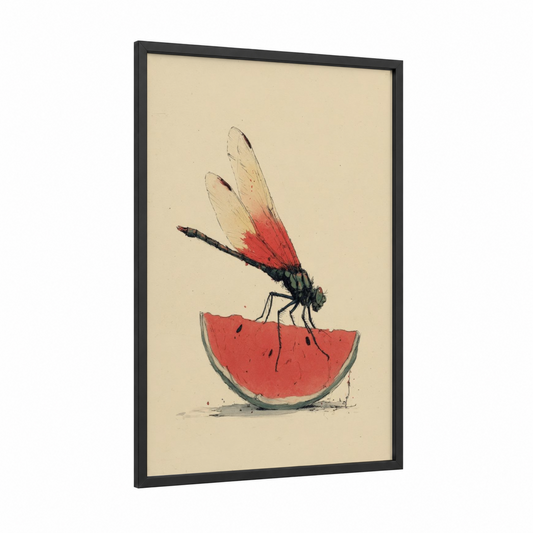 Crimson Dragonfly framed art print — black wood frame — cream and salmon pink palette