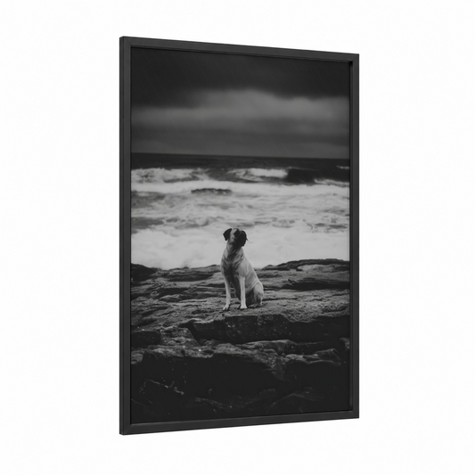 Coastal Mastiff framed art print — black wood frame — black and white and gray palette