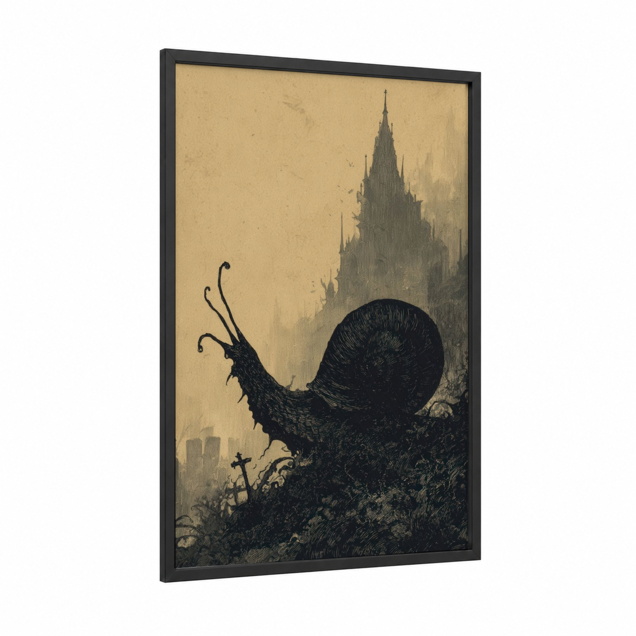 Gothic Snail framed art print — black wood frame — black and beige palette